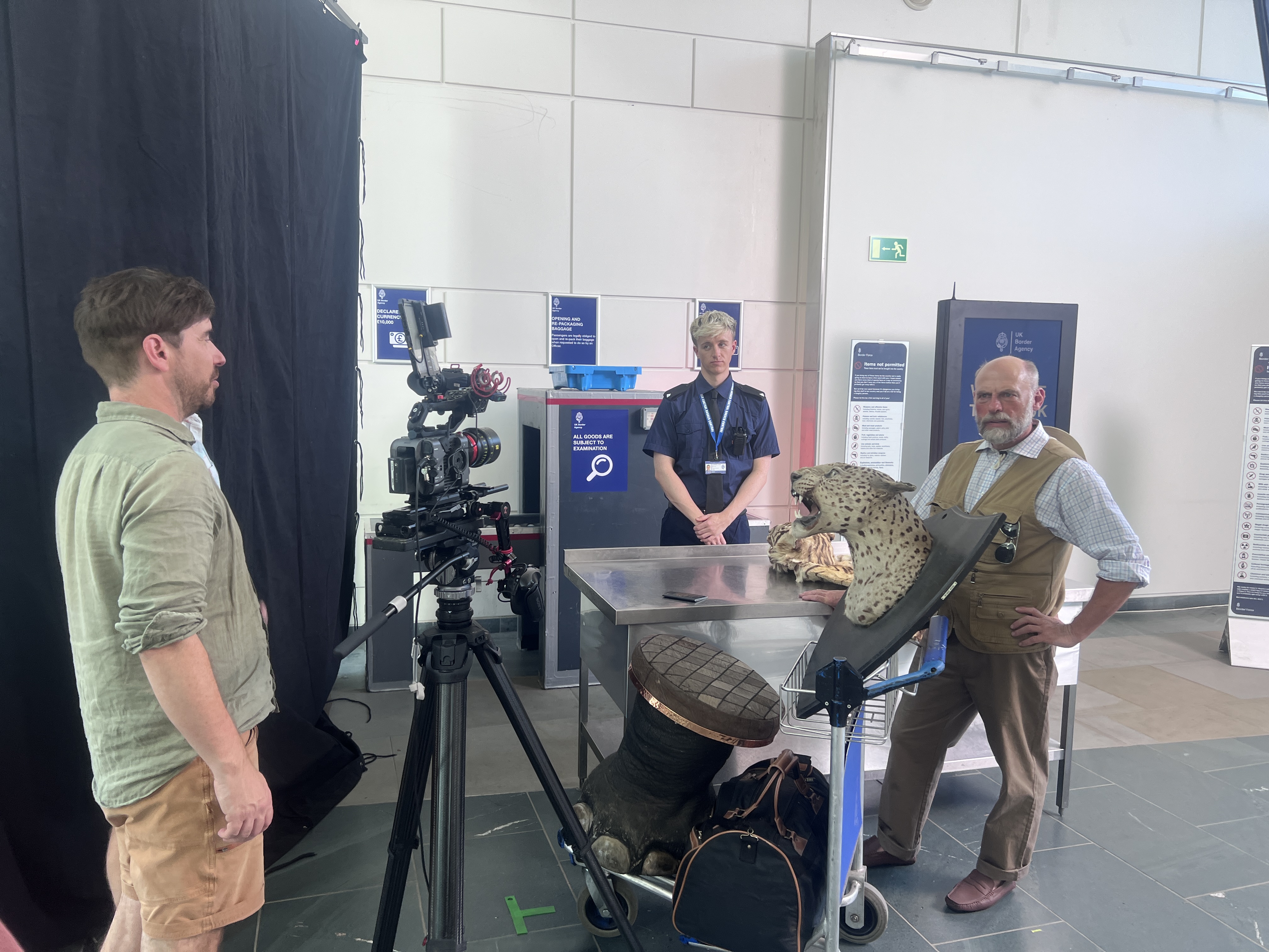 Lewis Davies (DOP) with Daniel Fox and Chris Porter on set – Nothing to Declare, 2026